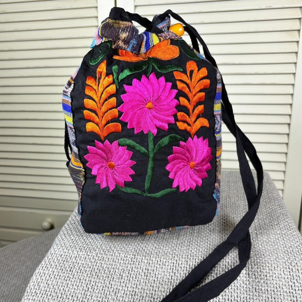 Boho Colorful Mexican Black‎ Floral Embroidered Cotton Drawstring Crossbody Bag